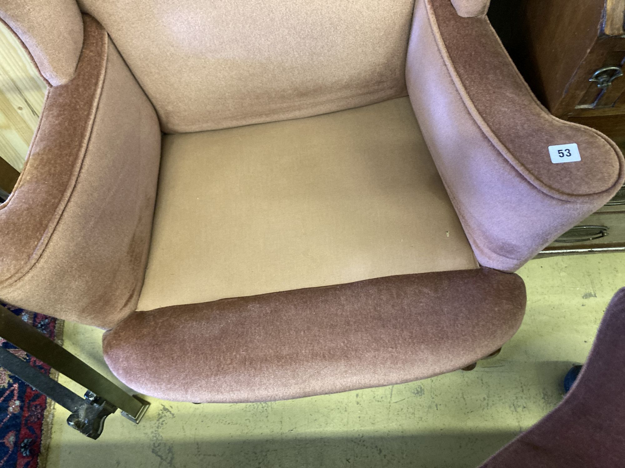 A Queen Anne style upholstered armchair, width 82cm, depth 60cm, height 100cm